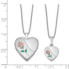 Quality Gold Sterling Silver Rhodium-plated Polished & Satin Enameled Rose Heart Mother & Daughter Locket & Pendant Necklace Set QLS441SET