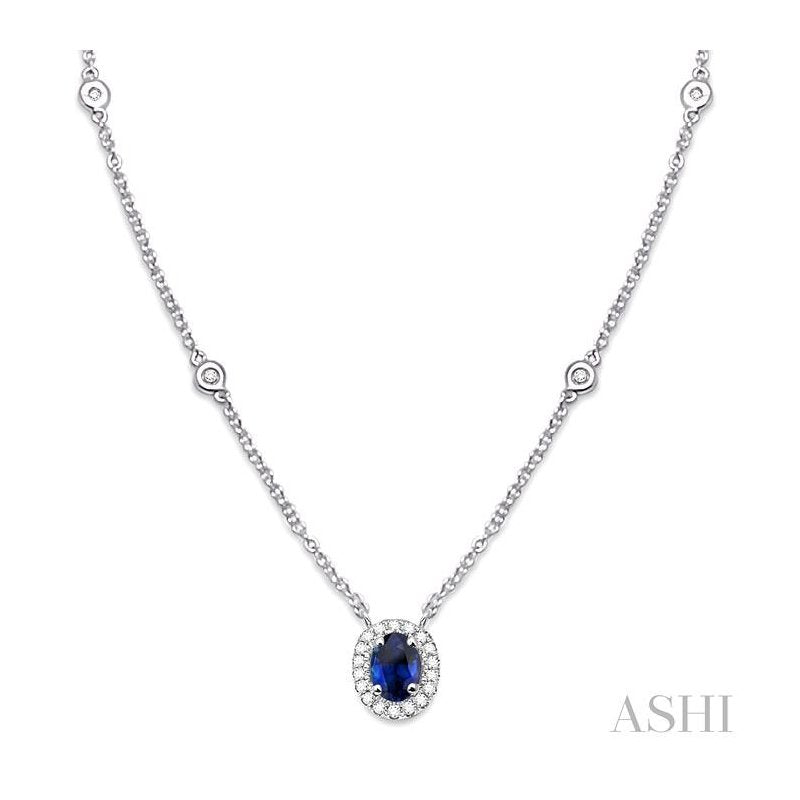 ASHI Oval Shape Gemstone & Halo Diamond Station Necklace 99358PPFGNKSPWG