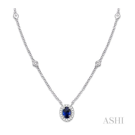 ASHI Oval Shape Gemstone & Halo Diamond Station Necklace 99358PPFGNKSPWG