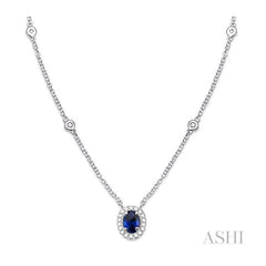 ASHI Oval Shape Gemstone & Halo Diamond Station Necklace 99358PPFGNKSPWG