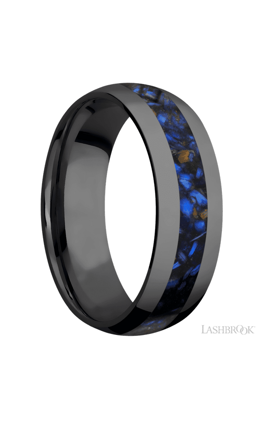 7 mm wide/Domed/Zirconium band with one 3 mm Centered inlay of Blue Tiger Eye.