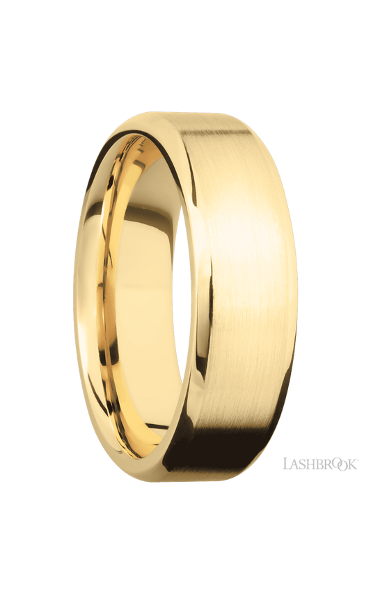 7 mm wide Beveled 10K Yellow Gold band.