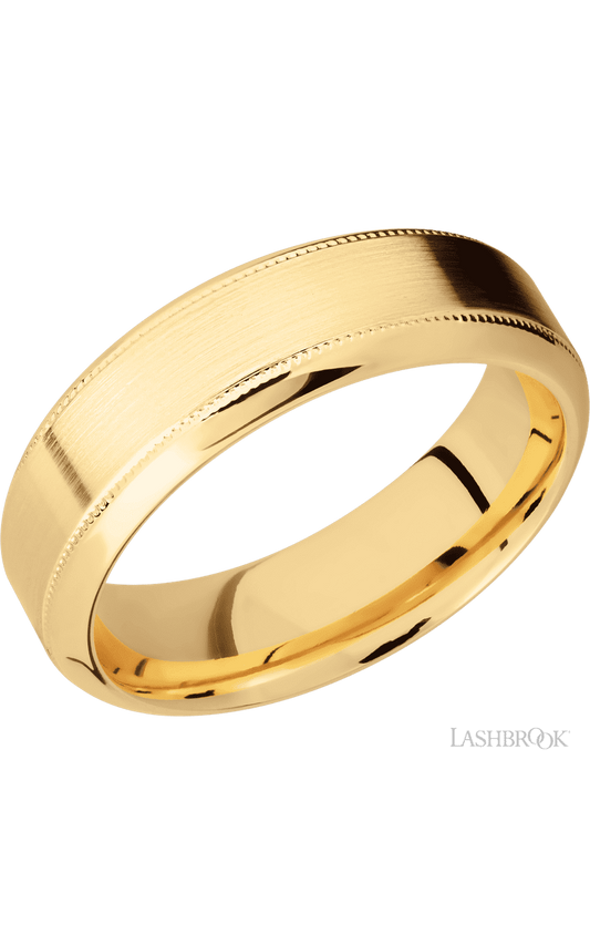 7 mm wide High Bevel Milgrain 14K Yellow Gold band.