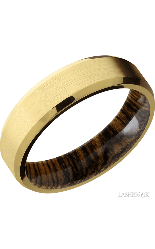 6 mm wide Beveled 18K Yellow Gold band featuring a Bocote sleeve.