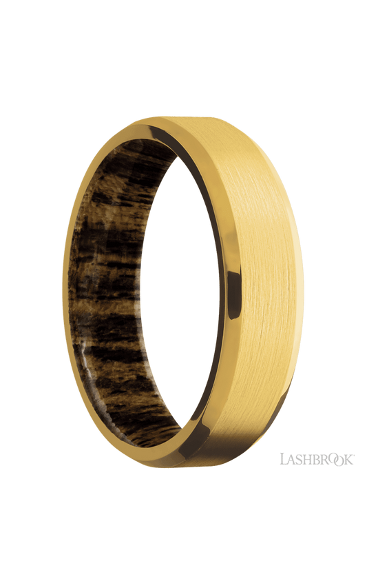 6 mm wide Beveled 18K Yellow Gold band featuring a Bocote sleeve.