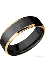 7 mm wide/Beveled/Zirconium band with two 1 mm Edge inlays of 14K Yellow Gold.