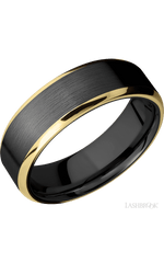 7 mm wide/Beveled/Zirconium band with two 1 mm Edge inlays of 14K Yellow Gold.