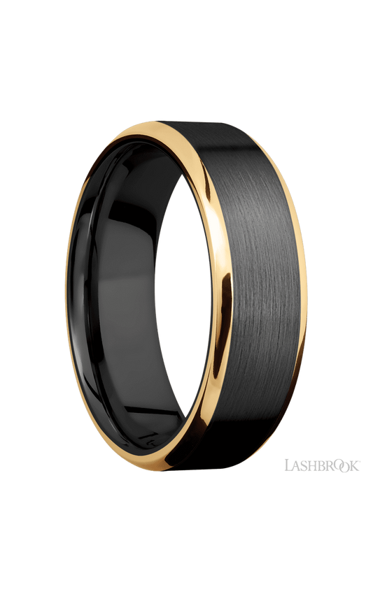 7 mm wide/Beveled/Zirconium band with two 1 mm Edge inlays of 14K Yellow Gold.