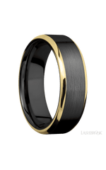 7 mm wide/Beveled/Zirconium band with two 1 mm Edge inlays of 14K Yellow Gold.