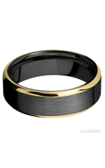 7 mm wide/Beveled/Zirconium band with two 1 mm Edge inlays of 14K Yellow Gold.