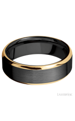 7 mm wide/Beveled/Zirconium band with two 1 mm Edge inlays of 14K Yellow Gold.