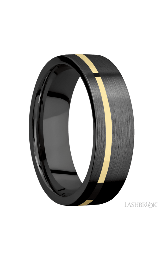 7 mm wide/Flat/Zirconium band with one 1 mm Off Center inlay of 14K Yellow Gold.