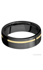 7 mm wide/Flat/Zirconium band with one 1 mm Off Center inlay of 14K Yellow Gold.