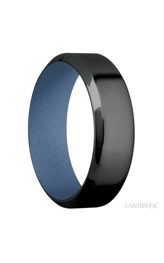 7 mm wide High Bevel Zirconium band featuring a Crushed Orchid sleeve.