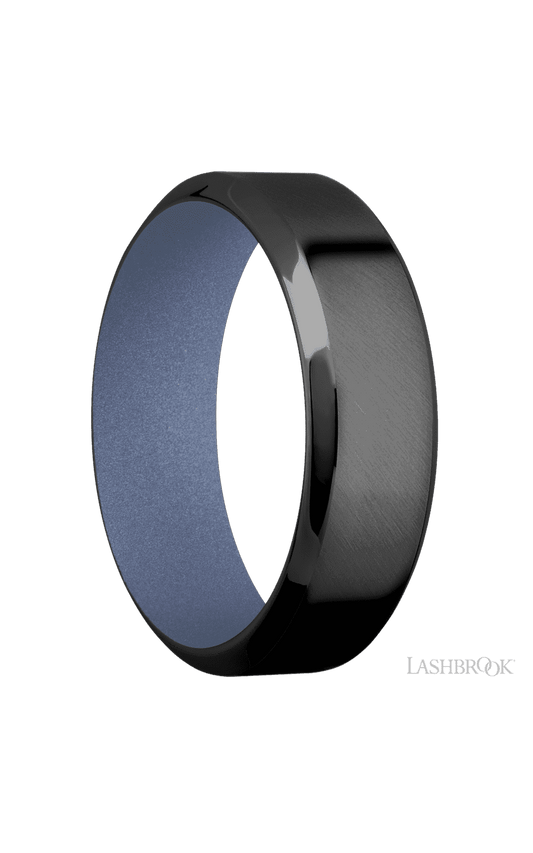 7 mm wide High Bevel Zirconium band featuring a Crushed Orchid sleeve.