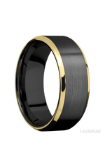 8 mm wide/Beveled/Zirconium band with two 1 mm Edge inlays of 14K Yellow Gold.