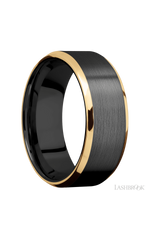 8 mm wide/Beveled/Zirconium band with two 1 mm Edge inlays of 14K Yellow Gold.