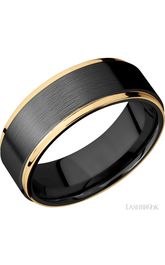 8 mm wide/Flat Grooved Edges/Zirconium band with two 1 mm Edge inlays of 14K Yellow Gold.