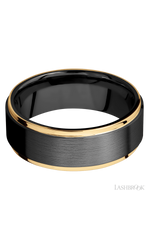 8 mm wide/Flat Grooved Edges/Zirconium band with two 1 mm Edge inlays of 14K Yellow Gold.