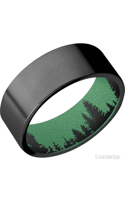 8 mm wide Flat Zirconium band featuring a Squatch sleeve.