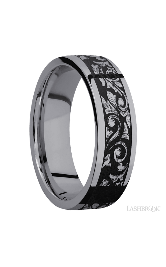 7 mm wide/Flat/Tantalum band with a laser carved Western Scroll pattern.