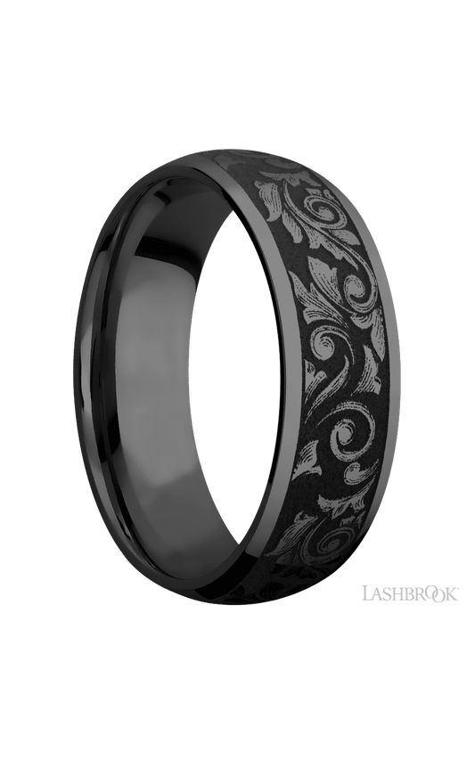7 mm wide/Domed/Zirconium band with a laser carved Western Scroll pattern.