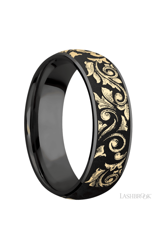 7 mm wide/Domed/Zirconium band with one 6 mm Centered inlay of 14K Yellow Gold with a laser carved Western Scroll pattern.