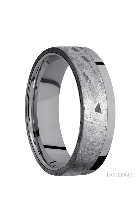 7 mm wide/Flat/Tantalum band with one 5 mm Off Center Edge inlay of Meteorite.