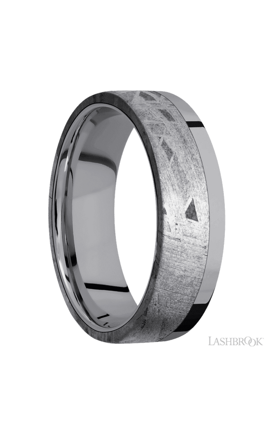 7 mm wide/Flat/Tantalum band with one 5 mm Off Center Edge inlay of Meteorite.