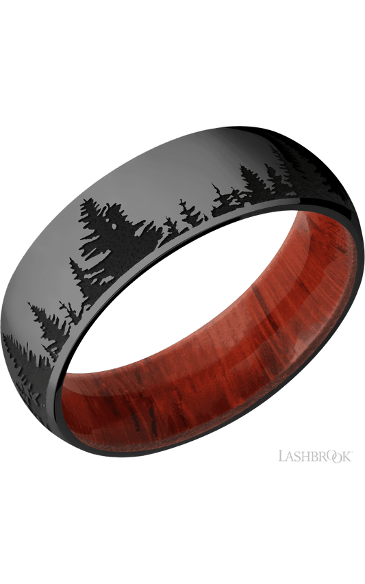 7 mm wide/Domed/Zirconium band with a laser carved Trees pattern also featuring a Padauk sleeve.