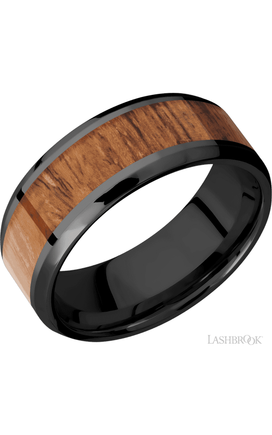8 mm wide/Beveled/Zirconium band with one 5 mm Centered inlay of Desert Iron Wood.