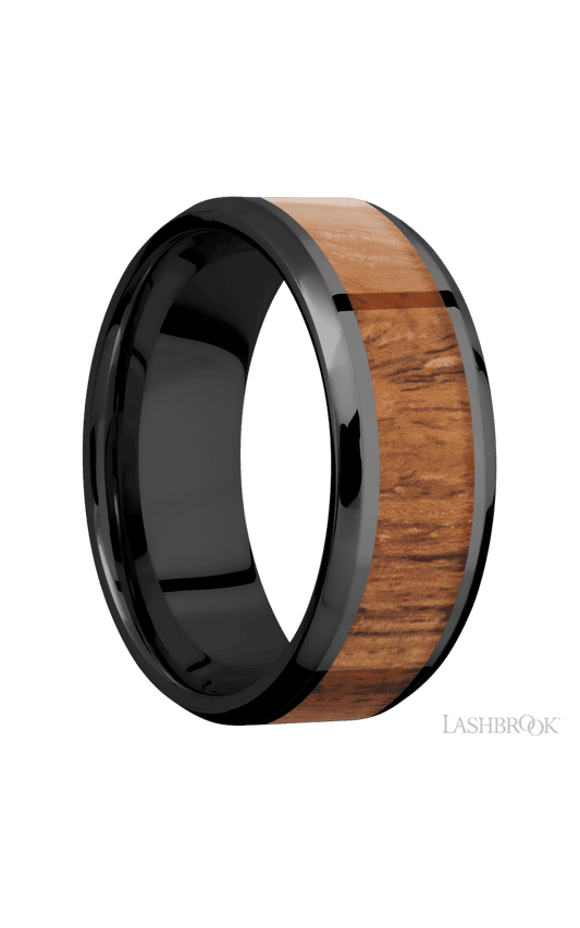 8 mm wide/Beveled/Zirconium band with one 5 mm Centered inlay of Desert Iron Wood.