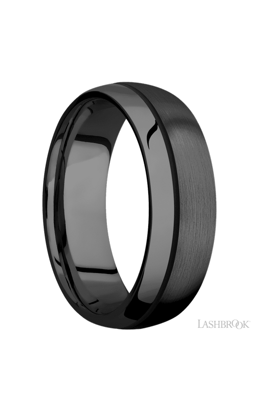 7 mm wide/Domed/Zirconium band with one 0.5 mm Off Center inlay of Black.