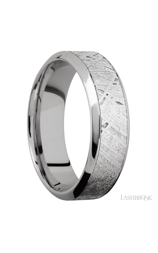 7 mm wide/High Bevel/18K White Gold band with one 4 mm Centered inlay of Meteorite.