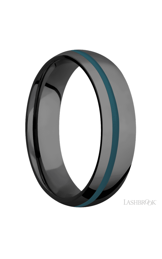 6 mm wide/Domed/Zirconium band with one 1 mm Off Center inlay of Ridgeway Blue.