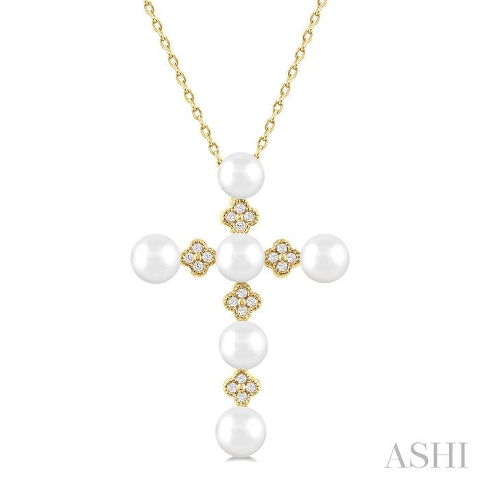 ASHI Cross Pearl & Diamond Fashion Pendant 555B8PPTGPDWPYG