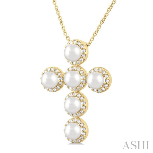 ASHI Cross Pearl & Halo Diamond Fashion Pendant 56375PPFGPDWPYG