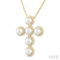 ASHI Cross Pearl & Halo Diamond Fashion Pendant 56375PPFGPDWPYG