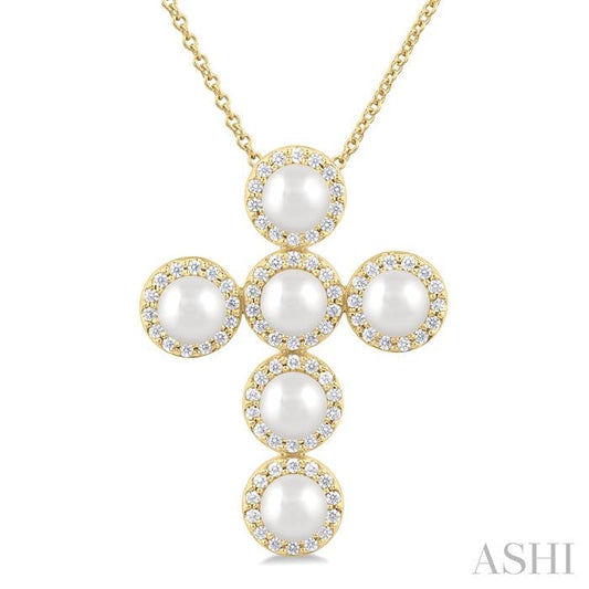 ASHI Cross Pearl & Halo Diamond Fashion Pendant 56375PPFGPDWPYG