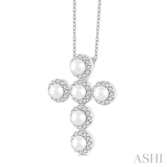 ASHI Cross Pearl & Halo Diamond Fashion Pendant 56376PPFGPDWPWG