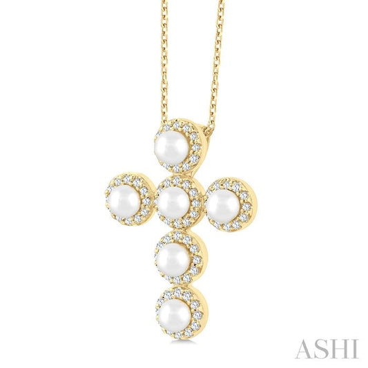 ASHI Cross Pearl & Halo Diamond Fashion Pendant 56376PPFGPDWPYG