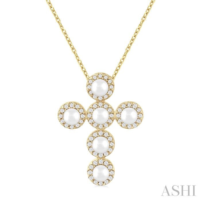 ASHI Cross Pearl & Halo Diamond Fashion Pendant 56376PPFGPDWPYG