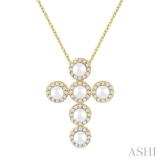 ASHI Cross Pearl & Halo Diamond Fashion Pendant 56376PPFGPDWPYG