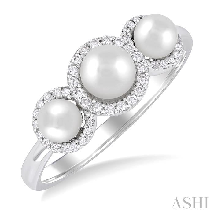 ASHI Round Shape Past Present & Future Pearl & Halo Diamond Ring 568A8PPFGWPWG