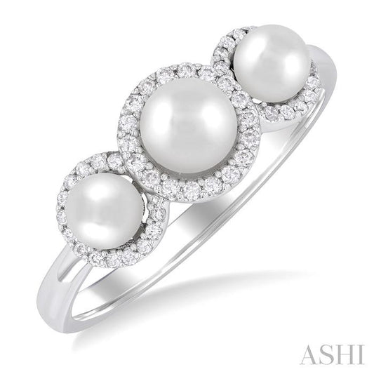 ASHI Round Shape Past Present & Future Pearl & Halo Diamond Ring 568A8PPFGWPWG