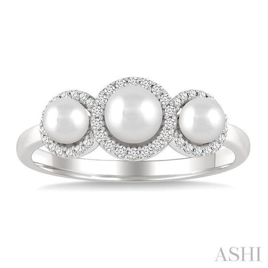 ASHI Round Shape Past Present & Future Pearl & Halo Diamond Ring 568A8PPFGWPWG