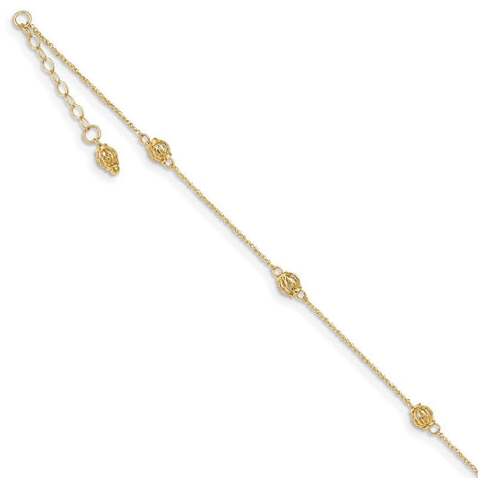 Quality Gold 14k Diamond-cut Bead w/ 1in ext. Anklet ANK227-10