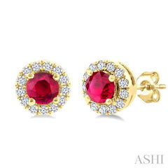 ASHI Round Shape Gemstone & Halo Diamond Earrings 58698PPFSERRBYG-RD