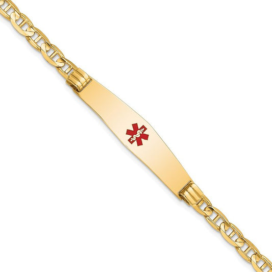 Quality Gold 14K Medical Soft Diamond Shape Red Enamel Anchor Link ID Bracelet XM569CC