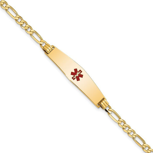 Quality Gold 14K Medical Soft Diamond Shape Red Enamel Flat Figaro Link ID Bracelet XM559CC